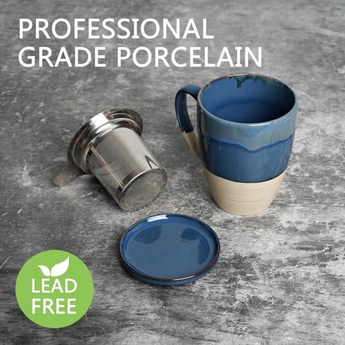 Bosmarlin Ceramic Tea Cup with Infuser and Lid, 13.5 Oz, 5 Colors to Choose, Dishwasher and Microwave Safe, Reactive Glaze, Steeping Tea Mug with Strainer (Deep Blue)