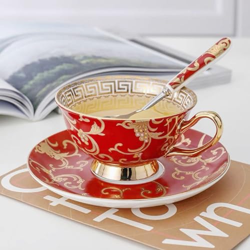 YBK Tech Euro Style Bone China Cup& Saucer Set, Ceramic Tea Coffee Cup for Home Kitchen Wedding (Retro Flower Pattern- Red)