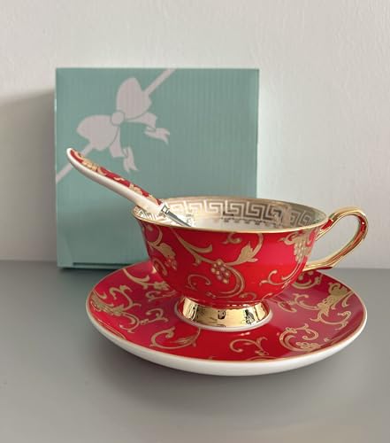 YBK Tech Euro Style Bone China Cup& Saucer Set, Ceramic Tea Coffee Cup for Home Kitchen Wedding (Retro Flower Pattern- Red)