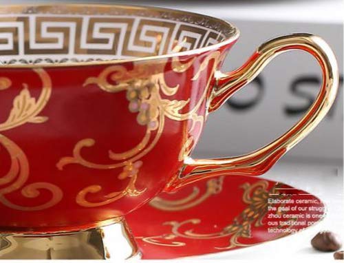 YBK Tech Euro Style Bone China Cup& Saucer Set, Ceramic Tea Coffee Cup for Home Kitchen Wedding (Retro Flower Pattern- Red)