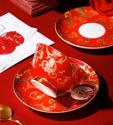 YBK Tech Euro Style Bone China Cup& Saucer Set, Ceramic Tea Coffee Cup for Home Kitchen Wedding (Retro Flower Pattern- Red)