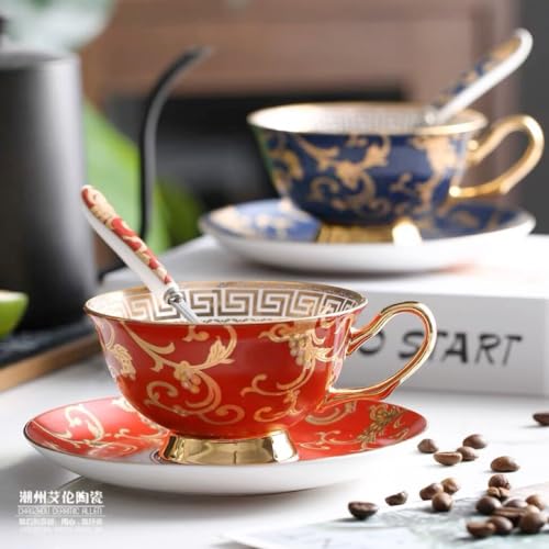 YBK Tech Euro Style Bone China Cup& Saucer Set, Ceramic Tea Coffee Cup for Home Kitchen Wedding (Retro Flower Pattern- Red)