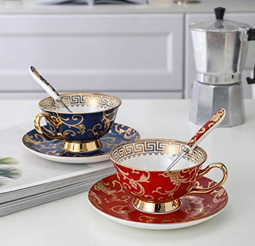 YBK Tech Euro Style Bone China Cup& Saucer Set, Ceramic Tea Coffee Cup for Home Kitchen Wedding (Retro Flower Pattern- Red)