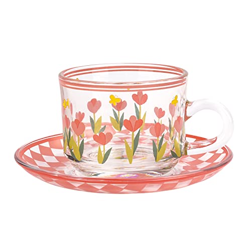 Koythin Cute Coffee Mug with Saucer Set, Creative Transparent Novel Cup Unique Design for Office and Home, Dishwasher and Microwave Safe, 6 oz/180 ml for Latte Tea Milk (Pink Butterfly)