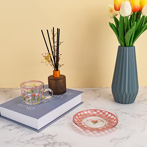 Koythin Cute Coffee Mug with Saucer Set, Creative Transparent Novel Cup Unique Design for Office and Home, Dishwasher and Microwave Safe, 6 oz/180 ml for Latte Tea Milk (Pink Butterfly)