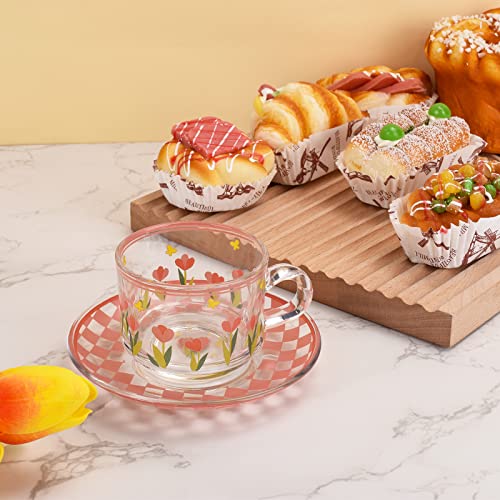 Koythin Cute Coffee Mug with Saucer Set, Creative Transparent Novel Cup Unique Design for Office and Home, Dishwasher and Microwave Safe, 6 oz/180 ml for Latte Tea Milk (Pink Butterfly)