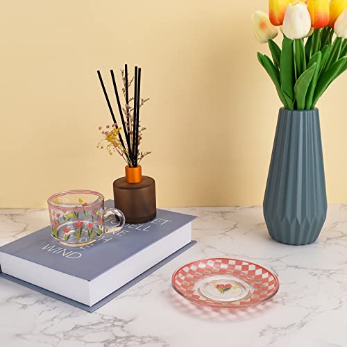 Koythin Cute Coffee Mug with Saucer Set, Creative Transparent Novel Cup Unique Design for Office and Home, Dishwasher and Microwave Safe, 6 oz/180 ml for Latte Tea Milk (Pink Butterfly)