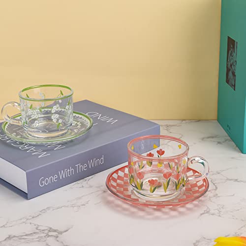 Koythin Cute Coffee Mug with Saucer Set, Creative Transparent Novel Cup Unique Design for Office and Home, Dishwasher and Microwave Safe, 6 oz/180 ml for Latte Tea Milk (Pink Butterfly)