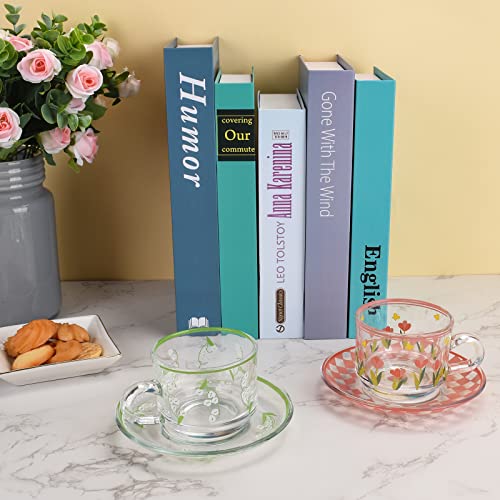 Koythin Cute Coffee Mug with Saucer Set, Creative Transparent Novel Cup Unique Design for Office and Home, Dishwasher and Microwave Safe, 6 oz/180 ml for Latte Tea Milk (Pink Butterfly)