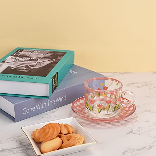 Koythin Cute Coffee Mug with Saucer Set, Creative Transparent Novel Cup Unique Design for Office and Home, Dishwasher and Microwave Safe, 6 oz/180 ml for Latte Tea Milk (Pink Butterfly)