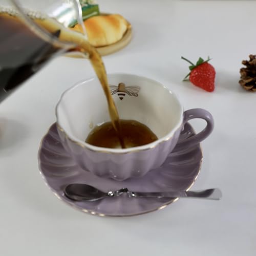 YBK Tech Strength Porcelain Tea Sets, Cup and Saucer Set- Gold Bee Inside The Cup (Purple)