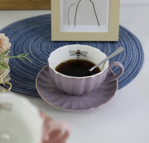 YBK Tech Strength Porcelain Tea Sets, Cup and Saucer Set- Gold Bee Inside The Cup (Purple)