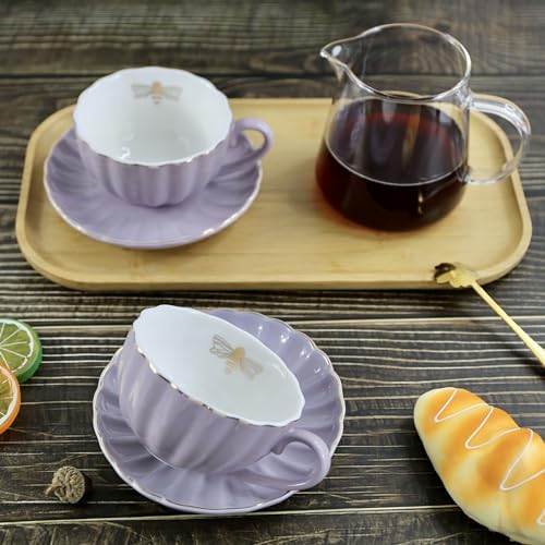 YBK Tech Strength Porcelain Tea Sets, Cup and Saucer Set- Gold Bee Inside The Cup (Purple)