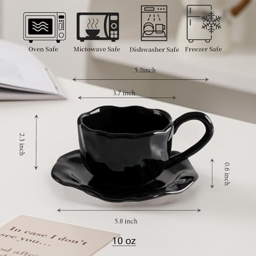 TANEW Handmade Rose Shape Porcelain Coffee Cup with Saucers - 10 Ounce Ceramic Demitasse Espresso Mugs Cappuccino Cups Saucer Set for Latte, Coffee, Cafe Mocha, Tea - Black