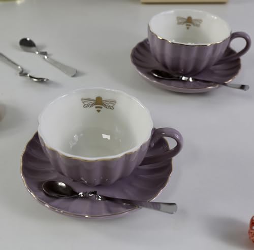 YBK Tech Strength Porcelain Tea Sets, Cup and Saucer Set- Gold Bee Inside The Cup (Purple)