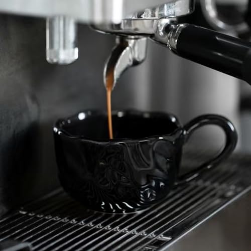 TANEW Handmade Rose Shape Porcelain Coffee Cup with Saucers - 10 Ounce Ceramic Demitasse Espresso Mugs Cappuccino Cups Saucer Set for Latte, Coffee, Cafe Mocha, Tea - Black