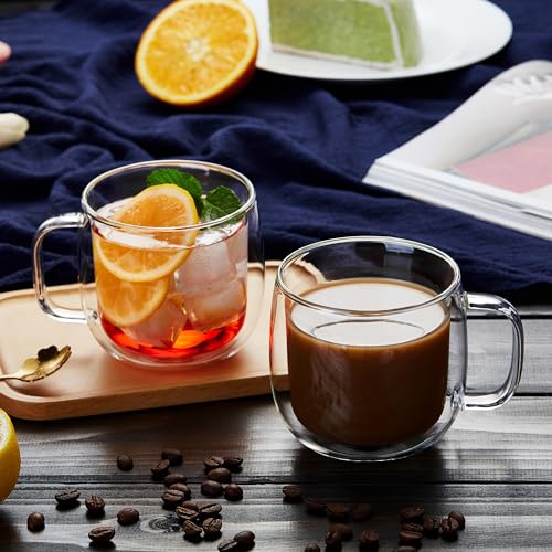 Unbreakable Double Walled Glass Coffee Mugs 10 fl oz, Microwave & Refrigerator Safe, Borosilicate Glass Insulated Coffee Mugs Set of 2 for Espresso, Cappuccino, Latte, Americano, Tea, Beverage