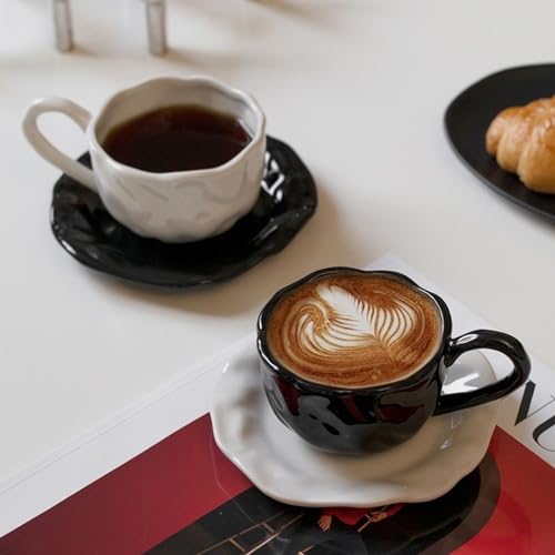 TANEW Handmade Rose Shape Porcelain Coffee Cup with Saucers - 10 Ounce Ceramic Demitasse Espresso Mugs Cappuccino Cups Saucer Set for Latte, Coffee, Cafe Mocha, Tea - Black