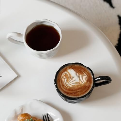 TANEW Handmade Rose Shape Porcelain Coffee Cup with Saucers - 10 Ounce Ceramic Demitasse Espresso Mugs Cappuccino Cups Saucer Set for Latte, Coffee, Cafe Mocha, Tea - Black