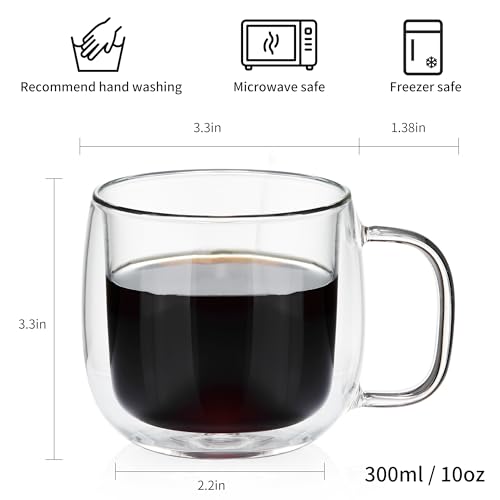 Unbreakable Double Walled Glass Coffee Mugs 10 fl oz, Microwave & Refrigerator Safe, Borosilicate Glass Insulated Coffee Mugs Set of 2 for Espresso, Cappuccino, Latte, Americano, Tea, Beverage