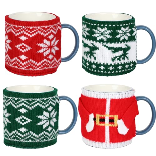 4 Pcs Christmas Cup Cozy Winter Knitted Cup Cozy Reusable Mug Cozy Holiday Seasonal Coffee Mug Warmer Crochet Coffee Sleeves Mug Cozy Coffee Mug Decoration for Family Women Men Christmas Party Gifts
