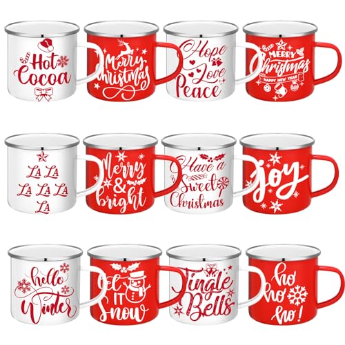 12 Pcs Christmas Enamel Winter Holiday Coffee Mugs with Quotes 12 oz Seasonal Merry Christmas Mugs White and Red Cups Funny Novelty Coffee Mugs for Women, Coworkers, Kids