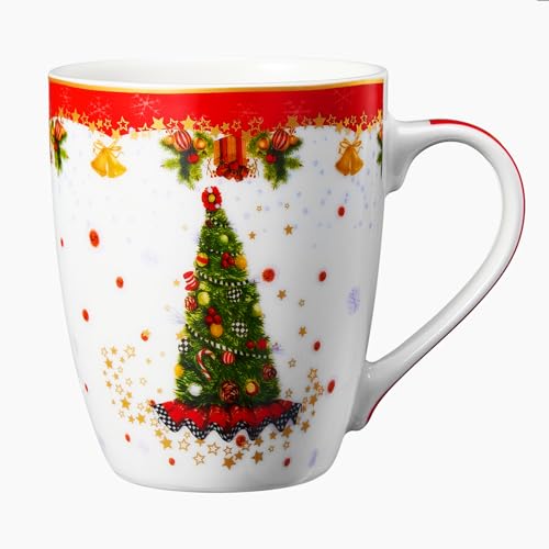 Christmas Tree Mug - Ceramic Microwave & Dishwasher Safe - 11.5oz Holiday Mugs for Coffee, Hot Chocolate, Eggnog - Merry Christmas - Elf, Tree, Santa Design - Red & Green Great Gift!