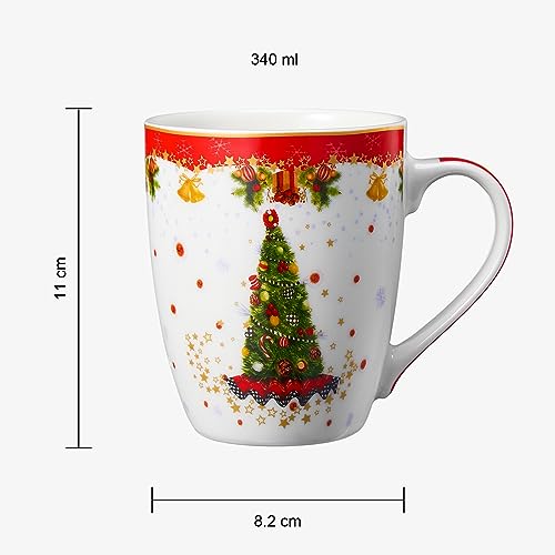 Christmas Tree Mug - Ceramic Microwave & Dishwasher Safe - 11.5oz Holiday Mugs for Coffee, Hot Chocolate, Eggnog - Merry Christmas - Elf, Tree, Santa Design - Red & Green Great Gift!