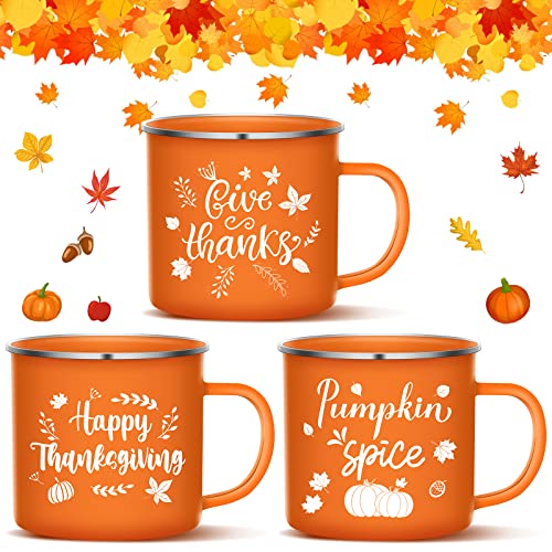 3 Pieces Pumpkin Enamel Coffee Mug 16 Oz Fall Mug Autumn Latte Mug Pumpkin Spice Give Thanks Happy Thanksgiving Enamel Mug for Thanksgiving Halloween Coffee Tea (Pumpkin Style)