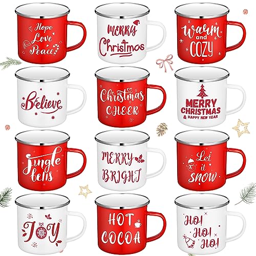 Suttmin 12 Pcs Christmas Enamel Winter Holiday Coffee Mugs with Quotes 12 Oz Seasonal Merry Christmas Mugs White and Red Cups Funny Novelty Xmas Coffee Mugs for Women, Coworkers, Kids (Believe)