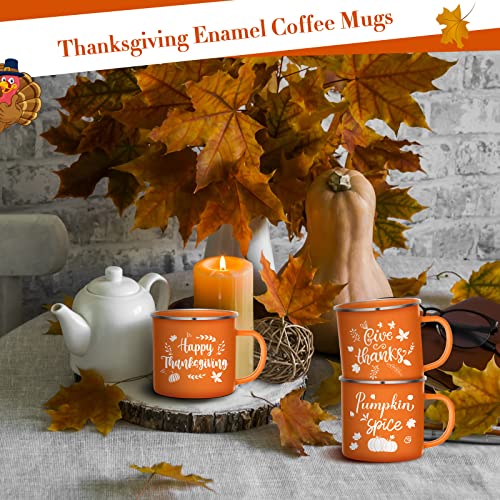 3 Pieces Pumpkin Enamel Coffee Mug 16 Oz Fall Mug Autumn Latte Mug Pumpkin Spice Give Thanks Happy Thanksgiving Enamel Mug for Thanksgiving Halloween Coffee Tea (Pumpkin Style)