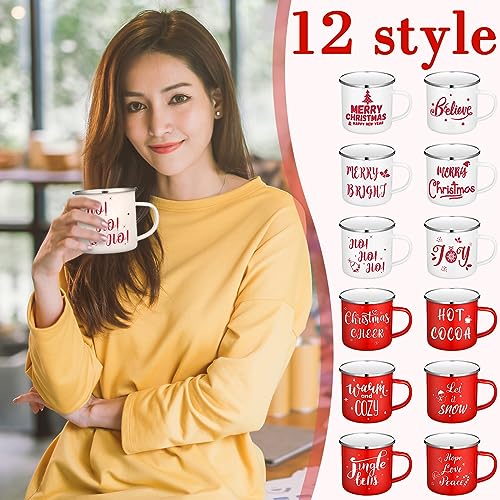 Suttmin 12 Pcs Christmas Enamel Winter Holiday Coffee Mugs with Quotes 12 Oz Seasonal Merry Christmas Mugs White and Red Cups Funny Novelty Xmas Coffee Mugs for Women, Coworkers, Kids (Believe)