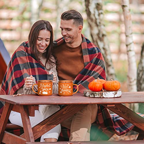 3 Pieces Pumpkin Enamel Coffee Mug 16 Oz Fall Mug Autumn Latte Mug Pumpkin Spice Give Thanks Happy Thanksgiving Enamel Mug for Thanksgiving Halloween Coffee Tea (Pumpkin Style)