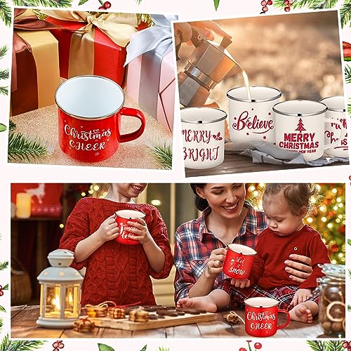 Suttmin 12 Pcs Christmas Enamel Winter Holiday Coffee Mugs with Quotes 12 Oz Seasonal Merry Christmas Mugs White and Red Cups Funny Novelty Xmas Coffee Mugs for Women, Coworkers, Kids (Believe)