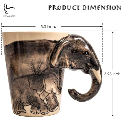 IYARA CRAFT 3D Elephant Coffee Mug 11oz - Handle is Sculpted Trunk, Cute Wildlife Design, Quality Ceramic, Microwave & Dishwasher Safe, Ideal for Tea & Hot Chocolate, 4.5" x 5"
