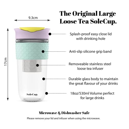 SoleCup. Large Travel Mug Loose Tea Infuser - Detachable Tea Strainer with Spill Proof Lid - 18oz/530ml BPA-Free Reusable Glass Travel Coffee Cup with Silicone Band (Ice-Cream)