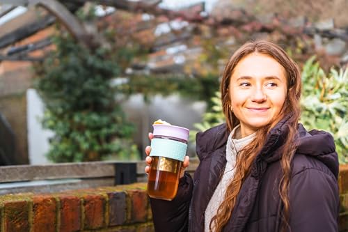 SoleCup. Large Travel Mug Loose Tea Infuser - Detachable Tea Strainer with Spill Proof Lid - 18oz/530ml BPA-Free Reusable Glass Travel Coffee Cup with Silicone Band (Ice-Cream)