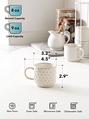 LE TAUCI Stackable Coffee Mugs Set with Stand, Ceramic Espresso Cups for Au Lait, Cappuccino,Latte,Cafe,Mocha,Tea, Suit For Housewarming Wedding- 8 oz, Set of 4,Arctic white