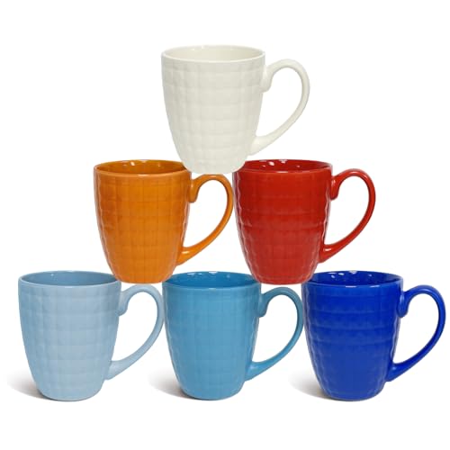 thexxlmug Coffee Mugs 15 OZ Set Of 6, Rainbow Coloured Geometric Diamond Cut Pattern Porcelain Mug Set, for Cappuccino, Mocha, Cocoa, Dishwasher, Microwave Safe, Multicolour