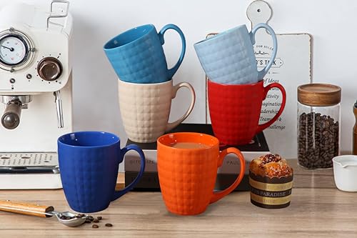 thexxlmug Coffee Mugs 15 OZ Set Of 6, Rainbow Coloured Geometric Diamond Cut Pattern Porcelain Mug Set, for Cappuccino, Mocha, Cocoa, Dishwasher, Microwave Safe, Multicolour