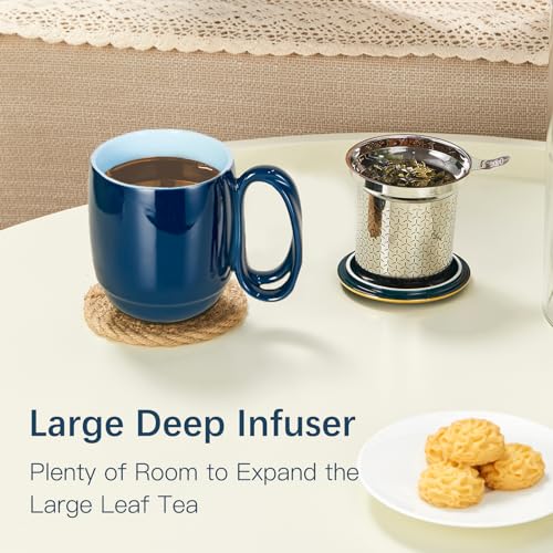 ZENS Tea Cup with Infuser and Lid, 16 Ounces Entwined Handle Porcelain Mug, Loose Tea Steeping Mug with Gold Trim Lid for Tea Gift/Navy Blue 480ML