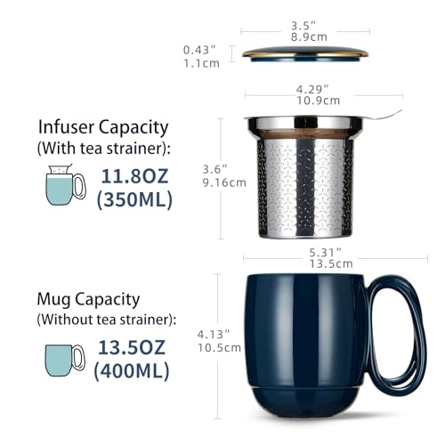 ZENS Tea Cup with Infuser and Lid, 16 Ounces Entwined Handle Porcelain Mug, Loose Tea Steeping Mug with Gold Trim Lid for Tea Gift/Navy Blue 480ML