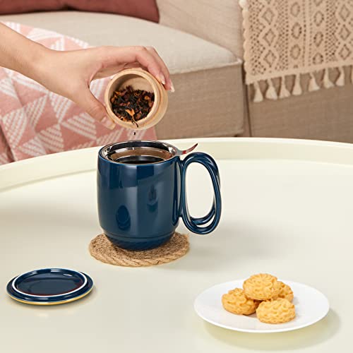 ZENS Tea Cup with Infuser and Lid, 16 Ounces Entwined Handle Porcelain Mug, Loose Tea Steeping Mug with Gold Trim Lid for Tea Gift/Navy Blue 480ML