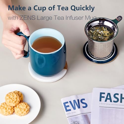 ZENS Tea Cup with Infuser and Lid, 16 Ounces Entwined Handle Porcelain Mug, Loose Tea Steeping Mug with Gold Trim Lid for Tea Gift/Navy Blue 480ML