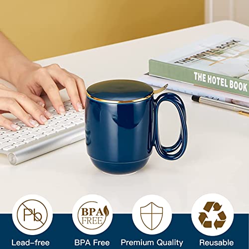 ZENS Tea Cup with Infuser and Lid, 16 Ounces Entwined Handle Porcelain Mug, Loose Tea Steeping Mug with Gold Trim Lid for Tea Gift/Navy Blue 480ML