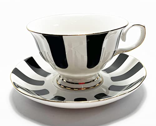 Mazeology Movie Star Retro Black and White Vertical Striped Bone China High Tea Cup and Saucer Set. An Elegant Additional to Your Tea and Coffee Cup Collection. 6 ounces. Fast Prime Delivery.