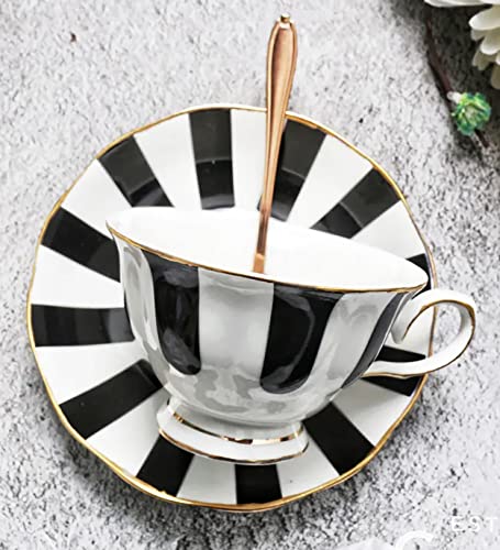 Mazeology Movie Star Retro Black and White Vertical Striped Bone China High Tea Cup and Saucer Set. An Elegant Additional to Your Tea and Coffee Cup Collection. 6 ounces. Fast Prime Delivery.