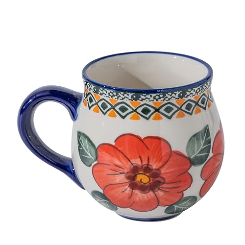 ALMA 12oz Handpainted Red Flower Mug, Great Ceramic Mug For Festival Decor, Microwavable Coffee Mug(Red Passion,Medium)