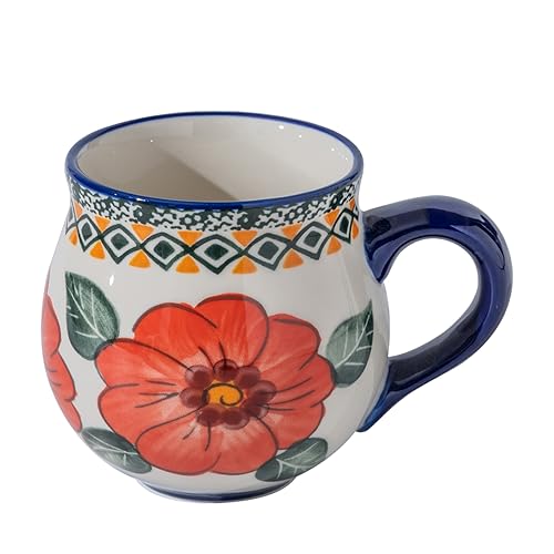 ALMA 12oz Handpainted Red Flower Mug, Great Ceramic Mug For Festival Decor, Microwavable Coffee Mug(Red Passion,Medium)