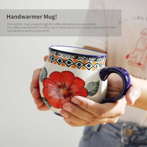 ALMA 12oz Handpainted Red Flower Mug, Great Ceramic Mug For Festival Decor, Microwavable Coffee Mug(Red Passion,Medium)